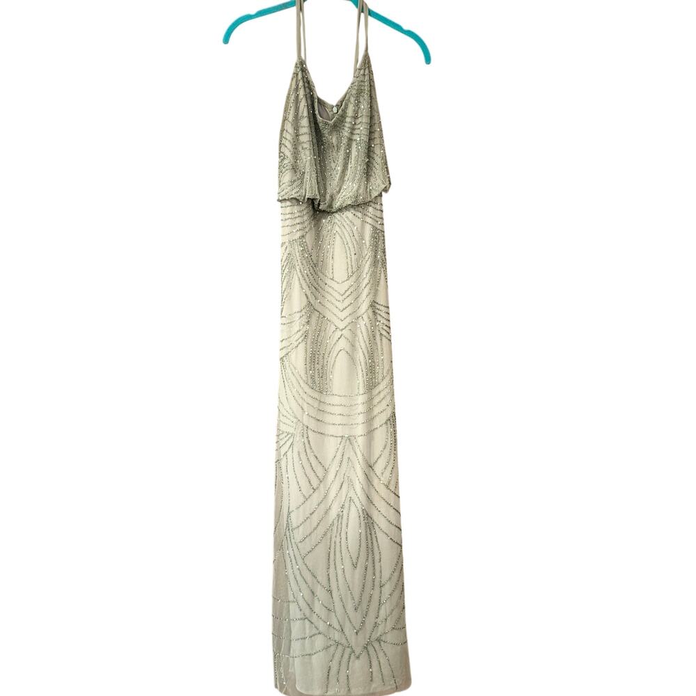 Adrianna Papell Mint Chiffon Beaded Sleeveless Art Deco Gown Ice Ball Size 2 PLL - Picture 3 of 16